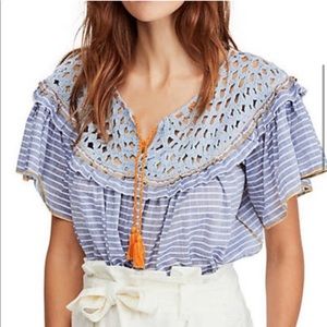 NWT Free People Allora Blue Striped Ruffle Sleeve Crochet Cropped Shirt